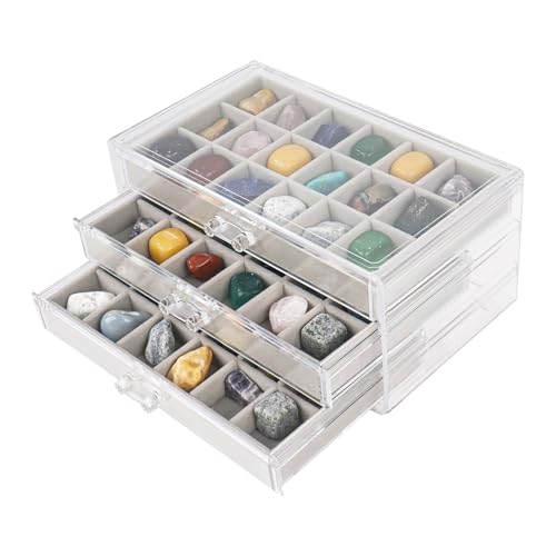 Dmnnlp Rock Vitrine, Acryl Rock Sammelbox, 3 Etagen 54 Fächer Gemstone Collection Box, Aufbewahrungsbox mit Fächern für Mineralien Kleine Gemstone Sammlerstücke, Fossil Kristalle, Edelsteine(Grau3)