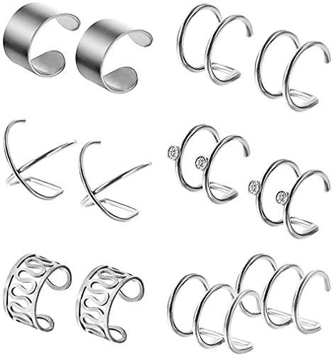 Juego de 6 pares de manguitos para la oreja, Clip de oreja de acero de titanio, manguito de hélice sin perforación para cartílago, aro para la nariz, accesorios de joyería, plata Convenient and attrac