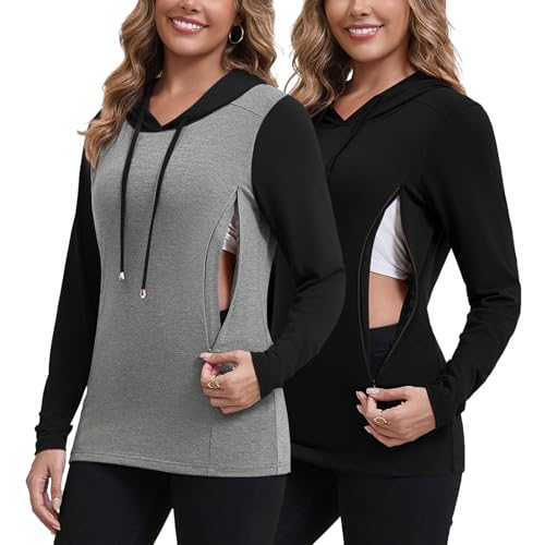 GINKANA Nursing Hoodie Top Long Sleeve Sweatshirt Drawstring with Hidden Zipper for Women Trendy Fall Fashion Tunic Top,Gery with Black/Black,M