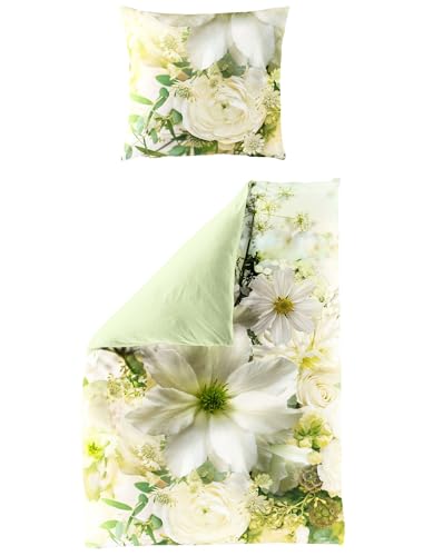 JACK by Bierbaum Mako Satin Wende Bettwäsche 135x200cm 2 TLG. Blüten Blumen Lind Gelb Creme Digitaldruck