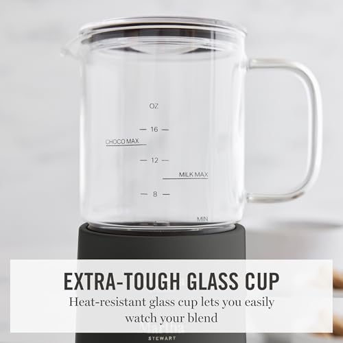 Image of Martha Stewart Milk Frother and Steamer, 10oz /300ml Glass Cup, 4 Presets (Cold Foam, Light, Dense & Hot Chocolate), Ready in 90 Seconds, Cordless Pouring, One-Touch for Hot and Cold Milk, Caviar Gray