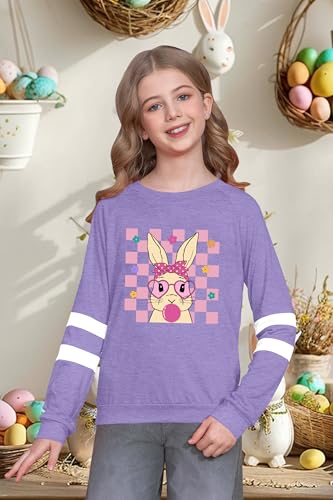 Image of LAZYCHILD Kids Easter Shirt Girls Happy Easter Shirts Rabbit Graphic Long Sleeve Striped Tee Tops 5-14 Years