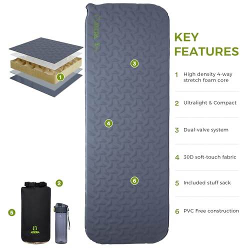 Image of ATEPA Self Inflating Sleeping Pad for Backpacking, 2.3 R-Value | 1.65lbs Ultralight, 3-Season Camping Mat, 1.2 inch Thick Insulated Foam, For Backpacking, Hiking, Trekking & Mountaineering