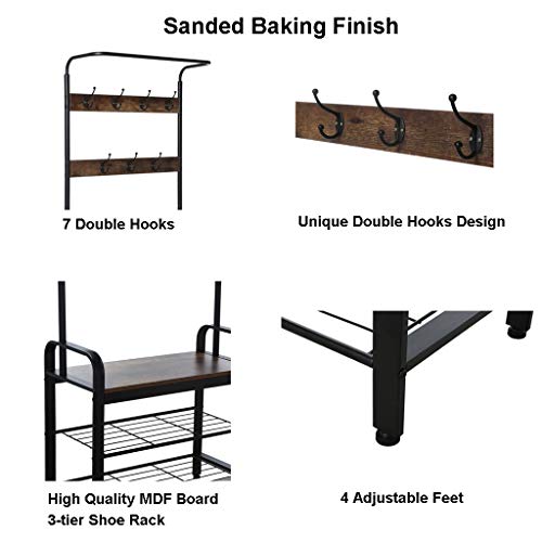 Shamoluotuo Industrial Coat Rack Shoe Bench, 3 Tiers 7 Hooks Hall Tree Entryway Storage Shelf, Wood Look Accent Furniture With Metal Frame, 3 In 1 Design, 28.3"L X 13.4"W X 72.1"H #TOP3