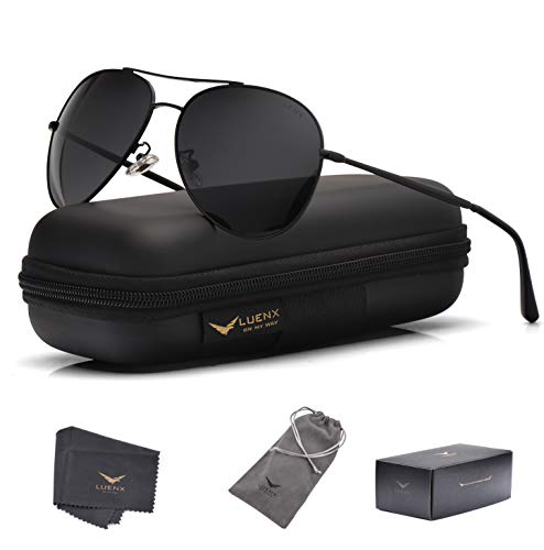 LUENX Aviator Sunglasses Men Women Non-Mirror Polarized UV400 Metal Frame 60MM (9-Black, 60)