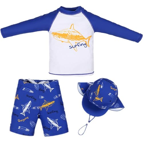 3 Piece Boy Swim Trunks and Rash Guard Sets Sun Hat Royal Surfing Shark Print UPF 50+ Bathing Suit Swimwear
