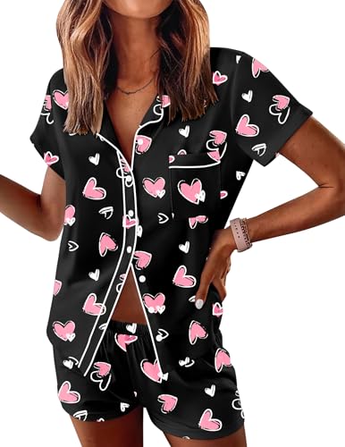 Image of Ekouaer Womens Pajama Sets Button Down Lounge Set 2 Piece Loungewear Soft Sleepwear Short Sleeve Pjs with Pockets