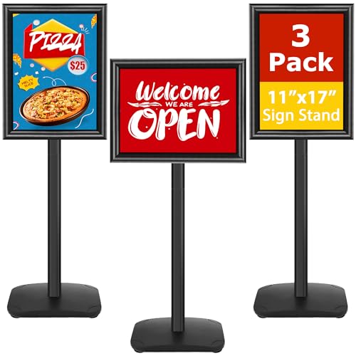 VAIIGO 3 Pack Heavy Duty Sign Holder Stand 11x17 Inch - Pedestal Floor Standing Sign Holder with Weighted Base - Vertical & Horizontal Poster/Menu Display Stands for Indoor/Outdoor Advertising, Black