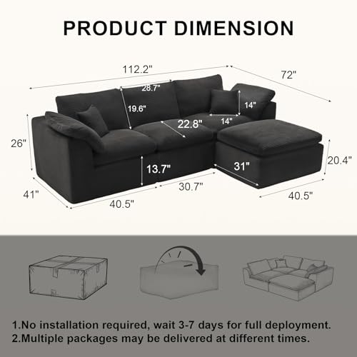 Image of 114 inch Cloud Sectional Couch, Boneless Couches for Living Room, Black