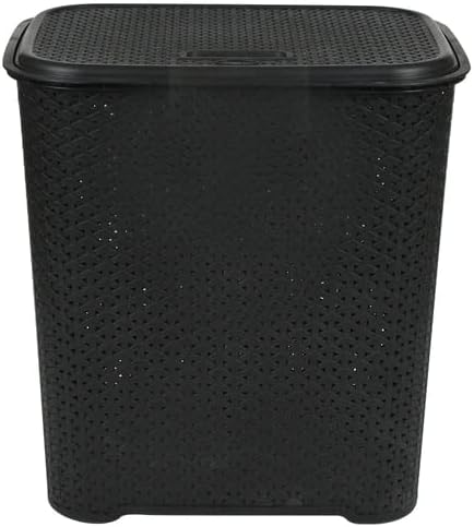 45 Litre Plastic Rattan Style Laundry Hamper Storage Linen Clothes Washing Basket Laundry Basket With Lid and Carry Out Handles Storage Bins For Dirty Clothes Toys Bathroom Bedroom (Silver/Grey)