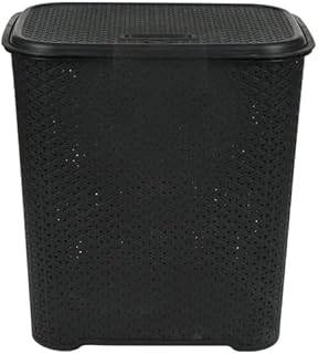 45L Litre Small Laundry Basket With Lid Plastic Rattan Style Knit Design Black Laundry Hamper Storage Linen Clothes Washing Basket Dirty Clothes Storage Bin with Handles For Bathroom Bedroom Toys