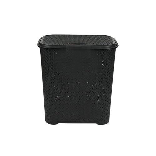 Image of M1SS Small 45L Litre Black Laundry Basket With Lid 43 x 27 x 44cm Drop All Knit Design Virgin Plastic Laundry Hamper Storage Washing Basket Dirty Clothes Basket with Handles Laundry Bin for Bathroom