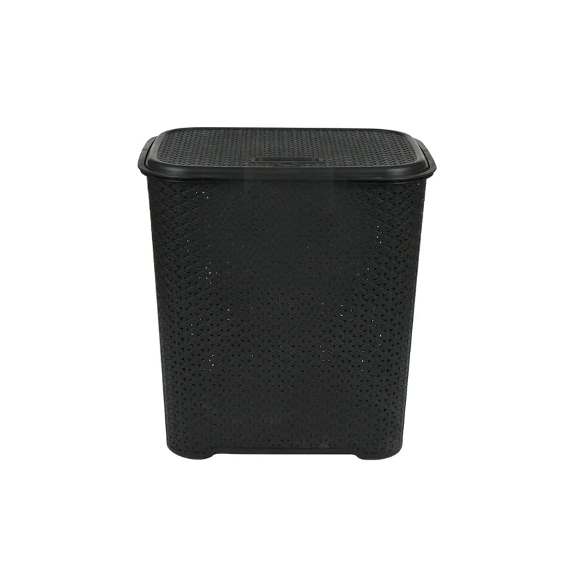 Laundry Basket With Lid Virgin Plastic Small 45L Litre Laundry Drop All Knit Design Hamper Storage Washing Basket Dirty Clothes Baskets with Handles Bin for Bathroom Bedroom 43 x 27 x 44cm (Black) โ image 1