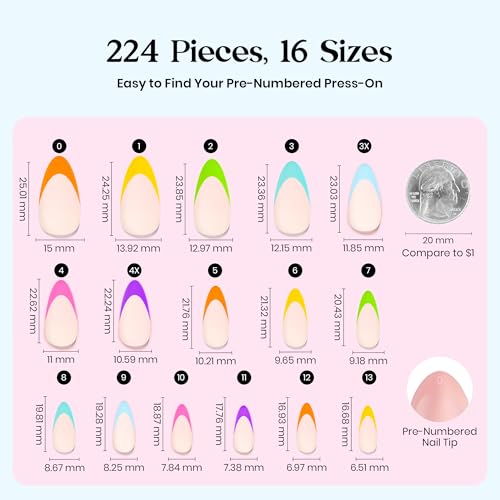Image of Beetles Summer French Tip Press On Nails 224 Pcs 7 Colors, Neon Nails Medium Almond Classic Fake Nail Tips, Rainbow Soft Nail Gel False Nails Art DIY For Women