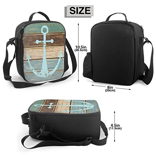 Giwawa Nautical Anchor Lunch Bag, Rustic Teal Brown Board Western Thermal Tote Bag Container, Vintage Wood Antique Cooler Box With Shoulder Strap Pockets Shabby Chic For Women Men Kids Adult #TOP1