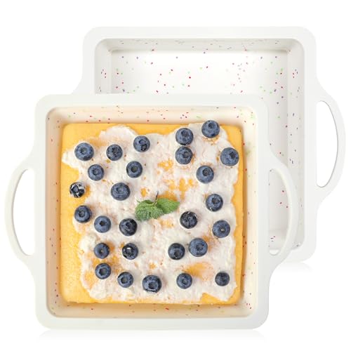 AOTASO Silicone 8x8 Square Baking Pan Nonstick Square Cake Pan Set Brownie Pan with Metal Reinforced Frame Handle BPA Free(2 