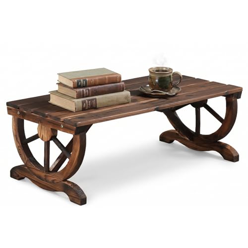 VINGLI Rustic Wooden Wheel Bench Outdoor Bench, Patio Bench Wagon Slatted Seat, Garden Benches for Outdoors 350lbs High Capacity, Weather Resistance (Rustic, 38in)