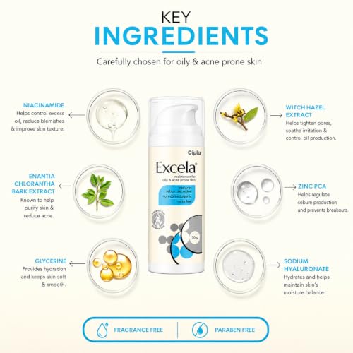 Image of Cipla Excela Moisturiser 50g for Oily & Acne Prone Skin | Grow Key | Non-Comedogenic Oil Control Moisturizer | Matte Feel