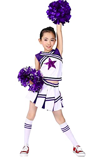 LOLANTA Girls' Cheerleading Costumes with Pompoms and Socks, Kids Halloween Fancy Dress Up, Cheerleader Outfit, Purple, 4-5 Years, 110