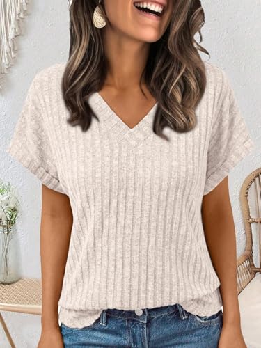 Women Tops Summer Sweaters Short Sleeve V Neck Shirts 2025 Spring Fashion Dressy Casual Business Tunic Blouses