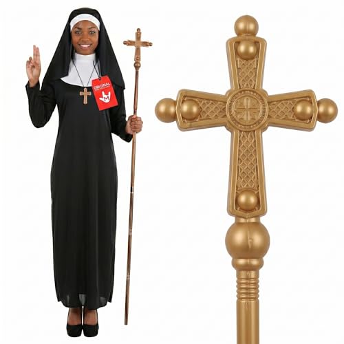 Morph Nun Costume Woman With Gold Cross Staff, Womens Nun Costume Outfit, Religious Outfit with Cross Necklace, Pope Staff 54 - Xlarge