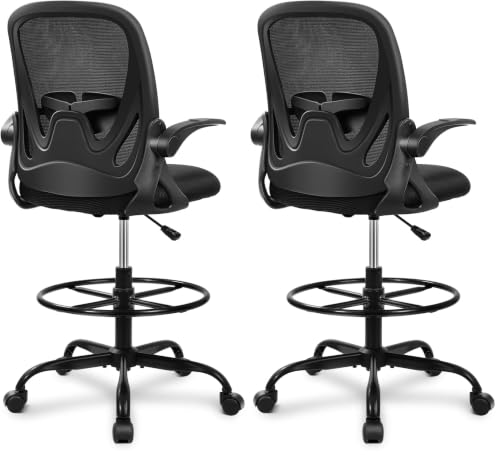 Image of Primy Drafting Chair Tall Office Chair with Flip-up Armrests Executive Ergonomic Computer Standing Desk Chair with Lumbar Support and Adjustable Footrest Ring (Black) (Pack of 2)