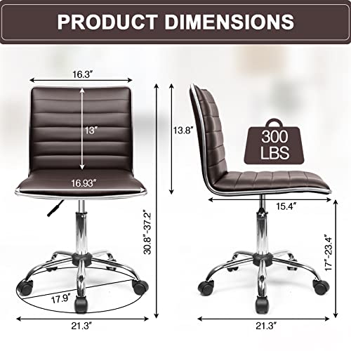 Ofika Office Desk Chair, Adjustable Task Chair, Low Back Faux Leather Ribbed Swivel Chair, Armless Home Computer Chair Retro With Wheels, Vanity Chair，Brown #TOP2
