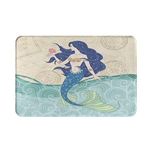 Beach Ocean Theme Blue Beautiful Mermaid Vintage Bathroom Rugs Soft Bath Rugs Non Slip,Washable Cover Floor Rug Absorbent Carpets Floor Mat Home Decor for Kitchen Bedroom 16X24 Inch