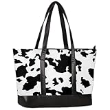 Large Tote for Women's Travel, Beach, Shoulder Bag with Zipper - 15.6'' Laptop Bag - Lightweight Tote Handbag in Cow Pattern