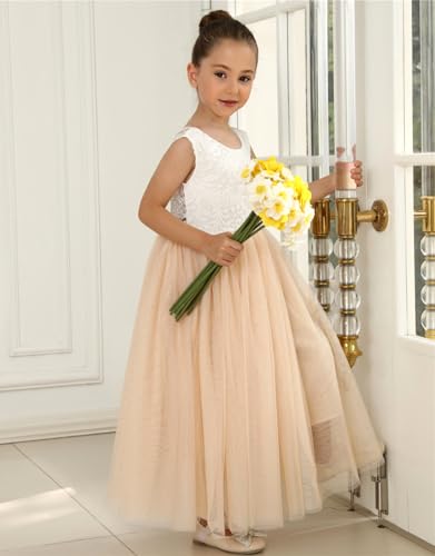 Image of 2Bunnies Girl Peony Lace Back A-Line Straight Tutu Tulle Party Flower Girl Dress