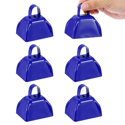 PATIKIL 6pcs Cow Bells for Football Games 3inch Cowbells for Sporting Events Bulk Loud Noise Makers Metal Cow Bell with Handle for Cheering Wedding,Blue