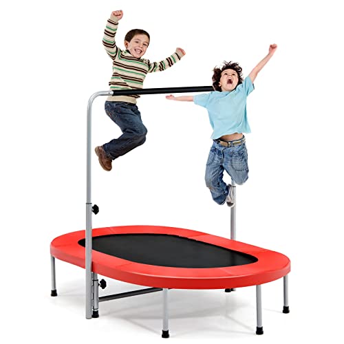 GYMAX Foldable Kids Trampoline, 60” Fitness Rebounder with 92-132cm Height Adjustable Handle, Indoor Outdoor Exercise Trampolines for 2 Toddlers Parent-Child, Max Load 150kg (Red)