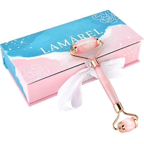 Rose Quartz Roller | Pink Jade Roller 100% Natural Crystal Stone | Anti Aging Facial Massager | Slimming Healing Gua Sha Massage Tool for Face Eye Skin Neck and Body | by LAMÄREL