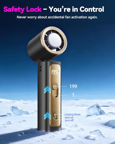 Image of DRORION Portable Mini Fan with Ice Cooling Function, 199 Speed Adjustable Handheld Fan, Rechargeable Personal Fan with Digital Display, Quiet Desk Fan for Travel, Office, Outdoor, Summer,Black gold