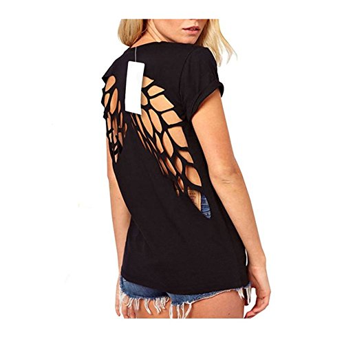 Moonar Summer Scoop Neck Lazer Cut Angel Wings Short Sleeve Casual Tops T Shirt,X-Large,Black
