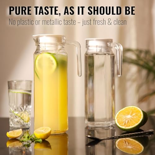 Image of Water Jug - Detox Glass Jugs with Lid for Dining Table - Elegant 1100 ml Transparent Pitcher for Juice, Iced Tea, Infused Water, Milk, Lemonade, Hot & Cold Beverages, Lumo