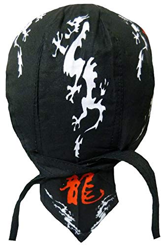Chinese Dragon Skull Cap Black Doo Rag Durag Asian Bandana Headwrap (Black Red and White Dragon Dorag II)