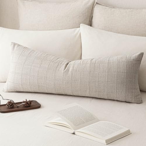 Image of Foindtower Set of 1 Decorative Linen Check Throw Pillow Cover Neutral Long Body Lumbar Cushion Cover Farmhouse Vintage Boho Home Decor for Sofa Chair Couch Bedroom Living Room,14x36 Inch,Light Grey