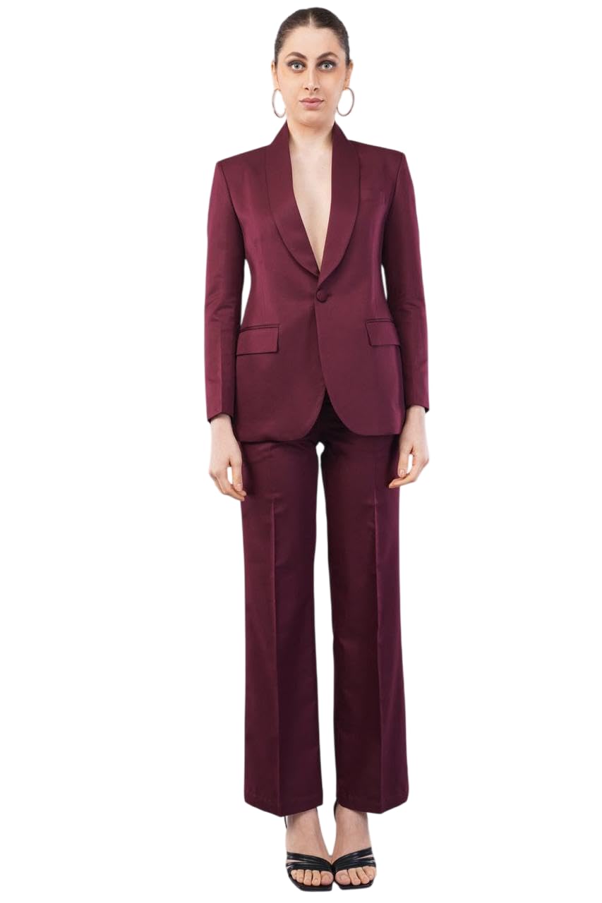 women wine berry solid two piece blazer suit set single button shawl collar formal blazer lapel coat with straight leg trousers pants set | ideal for office, business & evening events