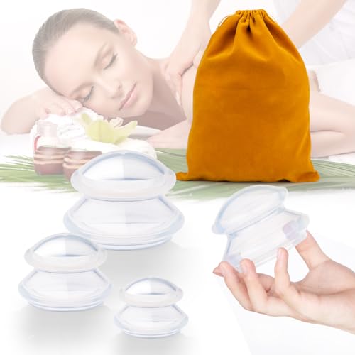 4 Sizes Cupping Therapy Set-Professional Silicone Cupping, Suitable for Facial Body Massage/Deep Myofascial Release/Pain Relief/Muscle Relaxation & more (Clear)