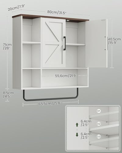 Bathroom Wall Cabinet, Medicine Cabinet Wall Mounted, Over Toilet Storage Cabinet, Wall Cabinet with Towel Bar, Open and Hidden Storage Space, for Bathroom Living Room Kitchen White and Walnut - Image 3