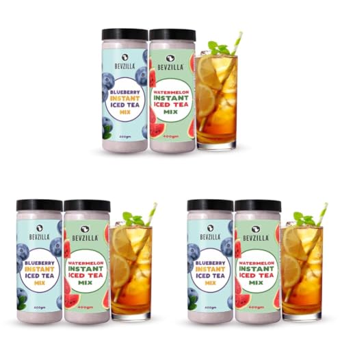 Image of Bevzilla Blueberry & Watermelon Instant Ice Tea Powder - 400g x 2 | Perfect for Summers | Refreshing & Instant Iced Tea Drink (Pack of 3)