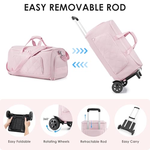 EASYSO Rolling Garment Bag for Travel,Duffle Garment Bag with Wheels and Shoe Compartment for Men and Women,3 in 1 Suit Dress Bags with Wheels (Pink) — view 3