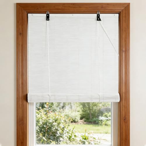 40x60cm Estor de Bambú Natural Blanco Persiana Enrollable de Bambú filtra la luz para Puertas y Ventanas | Cortina Opacas para Interiores y Exterior | Persianas Venecianas protección Solar