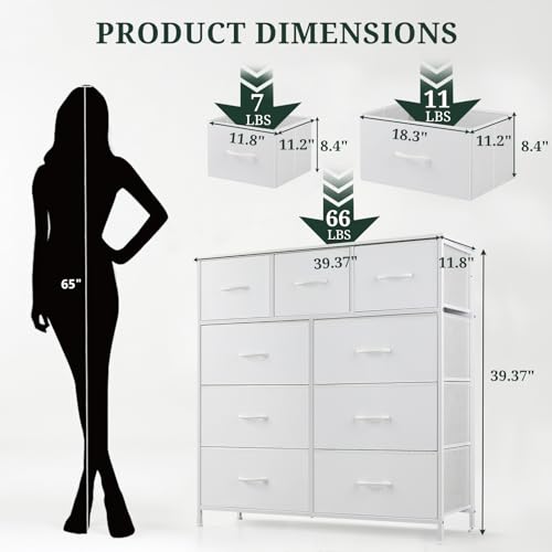 9-Drawer Dresser for Bedroom, Anti-Tip Tall Storage Organizer Chest of Drawers with Wooden Top and Metal Frame Fabric Bins for Closet, Living Room, Hallway, Entryway, White - Thumbnail 3