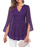VALOLIA Party Tops For Women: 3/4 Bell Sleeve Shiny Glitter Sequin - Cocktail Tops For Women Dressy - Formal Top For Womens Sparkly V-neck Evening Tunic Blouses For Formal Night Cruise Christmas M