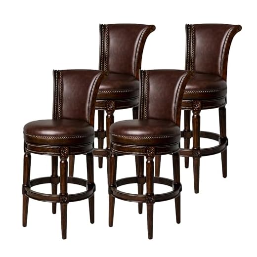 Maven Lane Pullman Wooden Kitchen Bar Height Stool 30" w/ 180 Degrees Swivel, Dark Walnut Finish and Brown PU Leather, Nail Head Trim Design, Set of 4