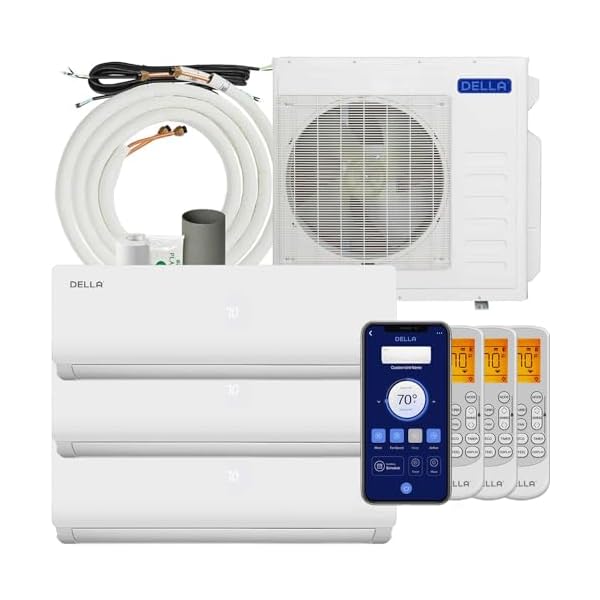 Della 36K BTU ODU Tri 3 Zone 9K 12K 12K BTU 19 SEER2 208-230V Cools Up to 1500 Sq.Ft, Works with Alexa, Wifi Energy Efficient Multi Zone Mini Split Air Conditioner Pre-Charged Heat Pump Full Set