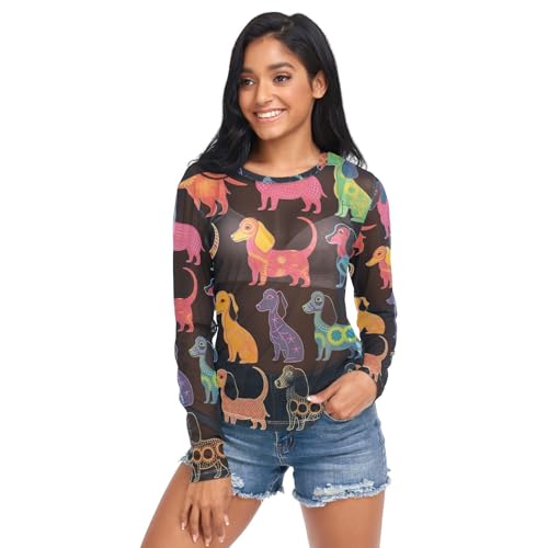 Camiseta de malla transparente con mangas de tractores y árboles, Los perros salchicha de colores se muestran en negro, M