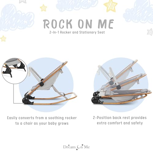 dream on me rock with me 2-in-1 rocker and stationary seat  compact portable infant rocker with removable toys bar amp hanging toys in grey